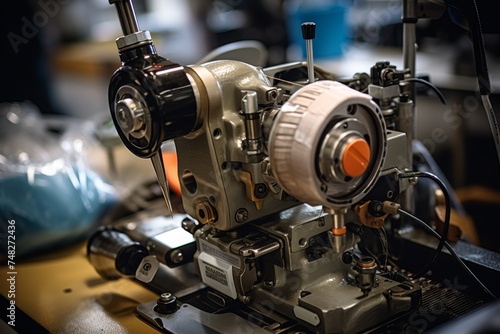 Detailed perspective of a stitcher head amidst the hum of a busy factory floor