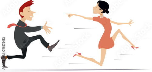 Young woman runs away from the man. 
Upset man trying to catch up a runaway woman. Running woman looks back and points a finger to the man trying to catch her
 photo