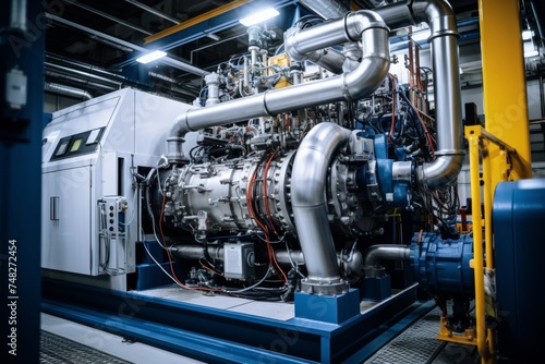 A comprehensive look at an engine test stand amidst the intricate network of machinery and pipework in an industrial setting