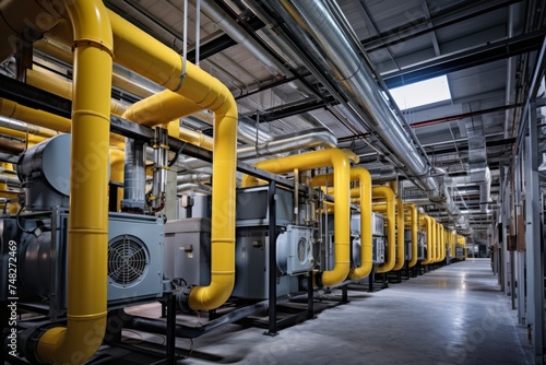 A detailed view of an industrial HVAC system in a large warehouse showcasing the intricacies of modern climate control