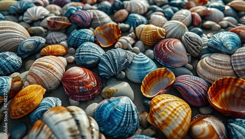 a group of colorful shells on a beach