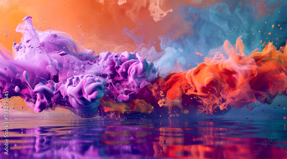 Fototapeta premium background with collision of purple and orange paint upon a reflective water surface