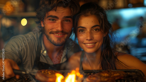 A happy  smiling couple enjoying a barbecue together at night.