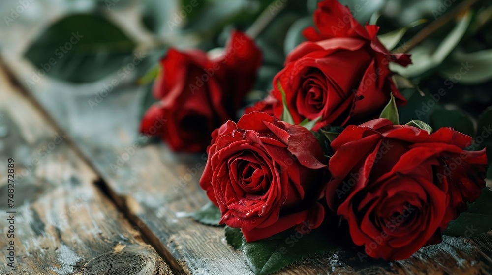 a group of red roses on a wood surface