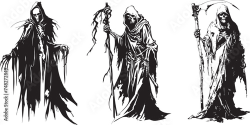 grim reaper with scythe, black and white vector photo