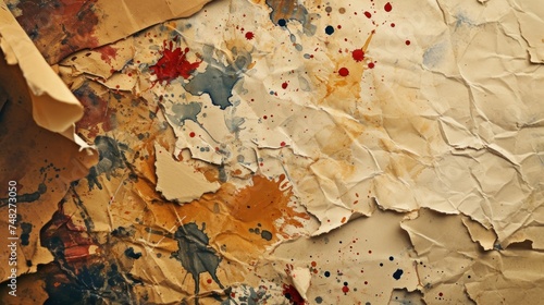 a crumpled paper with paint splatters