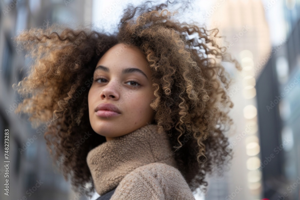 Portrait of young woman with curly hair in the city Portrait of young woman with curly hair in the city