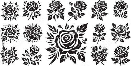 rose flowers, black vector laser cutting engraving