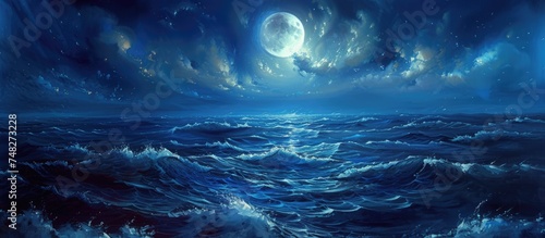 A painting showing a full moon shining bright above the ocean, casting a mesmerizing glow on the water. The serene waves gently reflect the captivating light, creating a tranquil and enchanting scene. photo