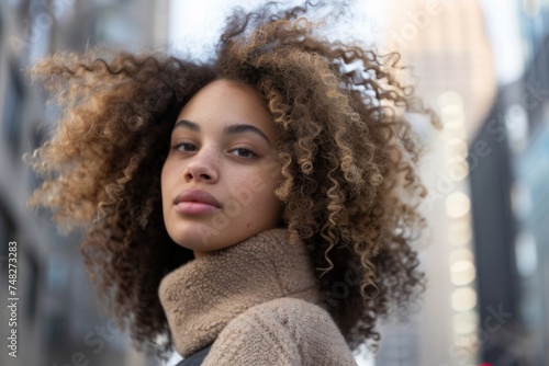 Portrait of young woman with curly hair in the city