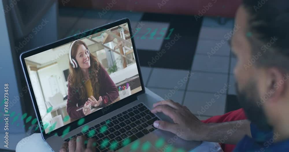 Animation of data processing over diverse male and female colleague having video call on laptop