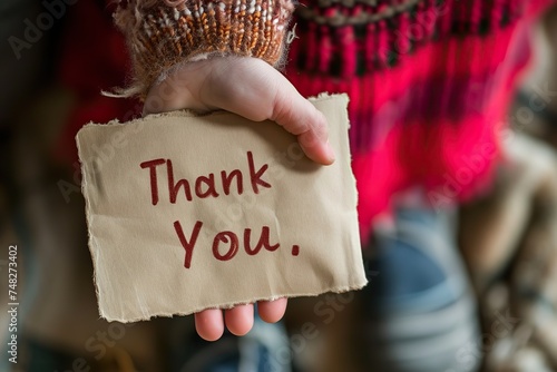 Hands of a child holding a card with thank you message. A close-up photograph of a child's hand holding a handwritten note that says 