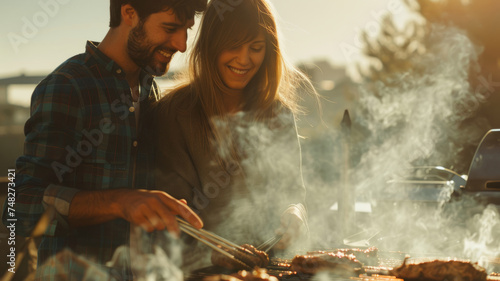 A happy couple grilling meat outdoors.