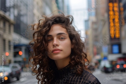 Portrait of young woman with curly hair in the city