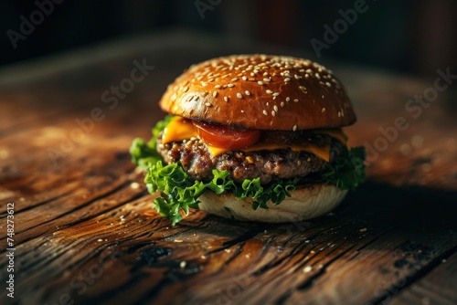 a cheeseburger on a wooden surface photo