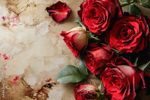 a group of red roses on a marble surface