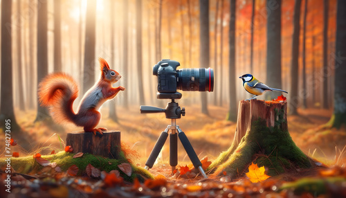 Un écureuil prend en photo un oiseau dans la foret , photo drôle et amusante  photo