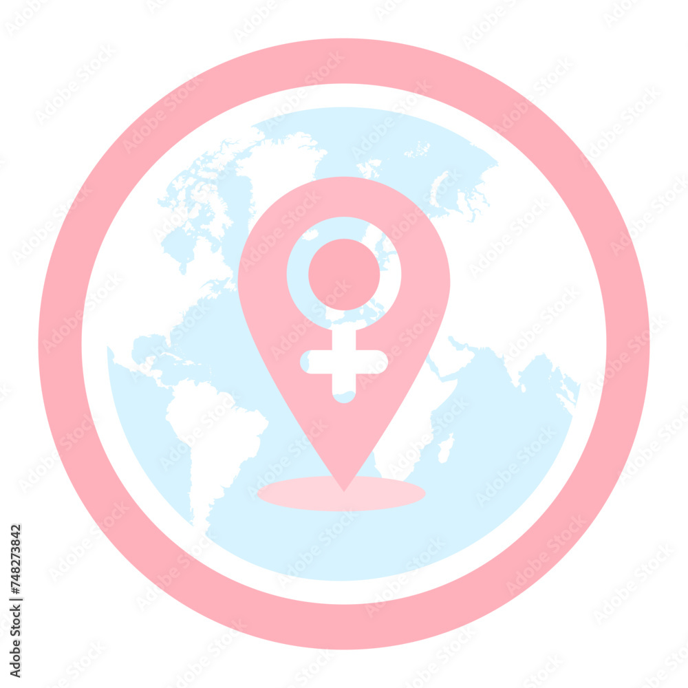 Pink map pin with female symbol on the world. Pink map pin with female symbol on the world.