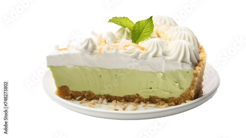 Coconut matcha cream pie isolated on transparent a white background