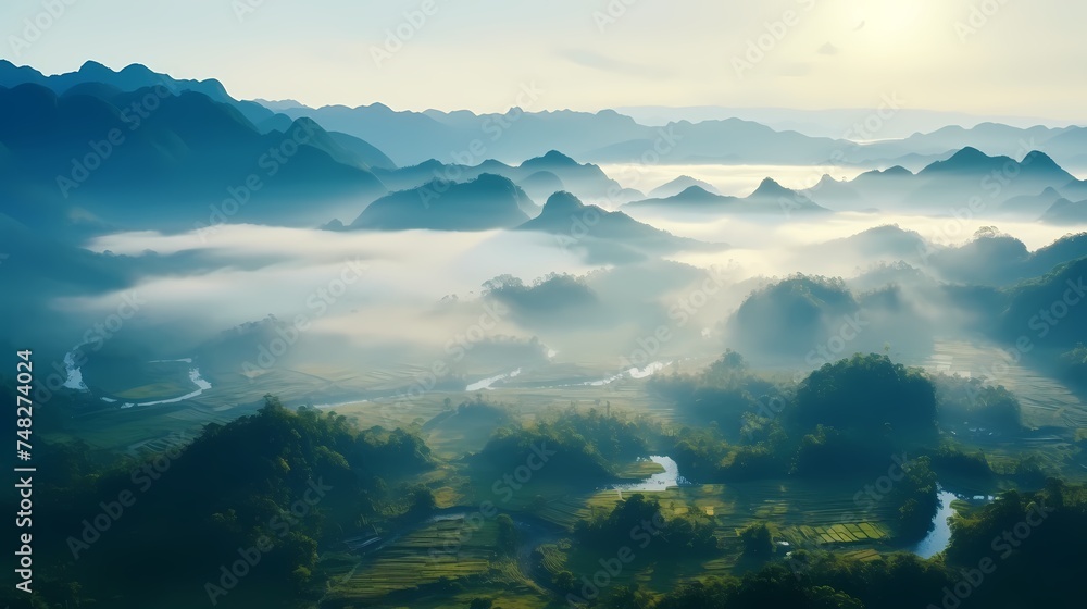 Foggy landscape in the jungle. Fog and cloud mountain tropic valley landscape. aerial view
