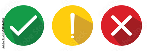  Tick and cross vector icons. Set of flat round check mark icon, exclamation point, X mark icons, buttons isolated on a white background. Check marks. Vector illustration