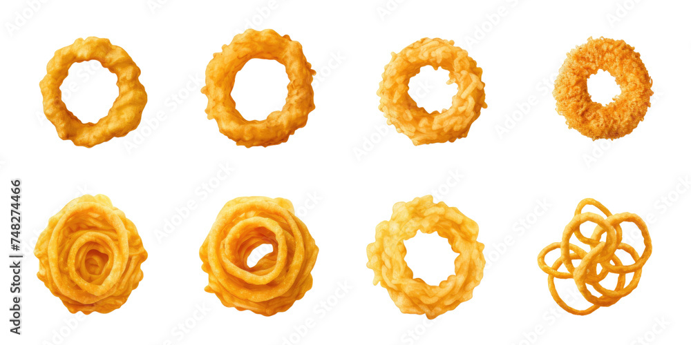 Collection set of fried onion rings isolated on transparent a white background 