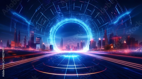 Blue hologram portal. Magic fantasy portal. Magic circle teleport podium with hologram effect. Abstract high tech futuristic technology design. Round shape. Circle Sci-fi element light and lights.