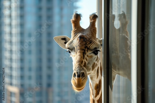 Fototapeta a giraffe looking through a window