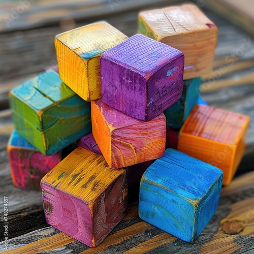 Wooden colorful cubes on isolated layer photo