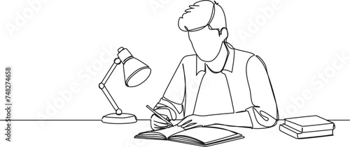 continuous single line drawing of student doing homework, line art vector illustration
