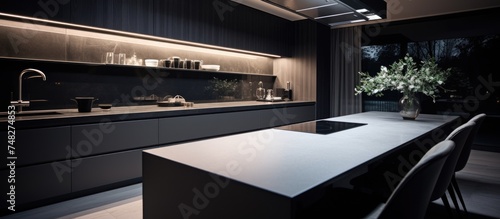 A black and white kitchen featuring a dark countertop with a blurred white background. The image captures the stark contrast between light and dark elements in the kitchen space.