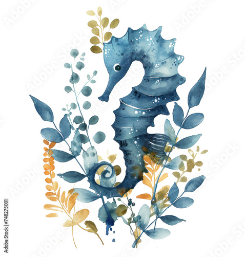 seahorse in blue with green leaves