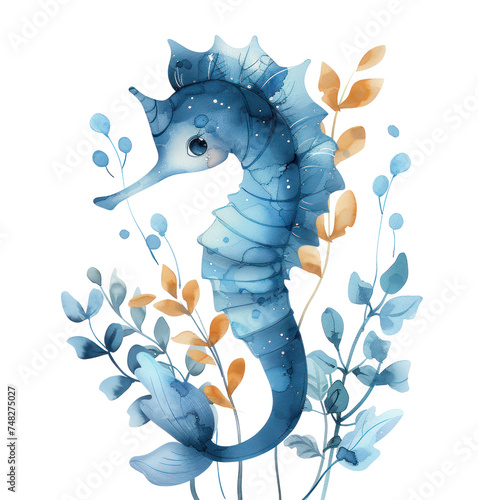 seahorse in blue with green leaves
