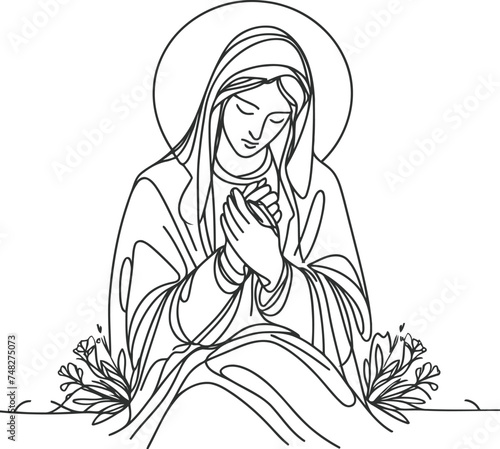Jesus, Mary and in continuous line drawing, minimalist, simplicity contour, christian pray, 