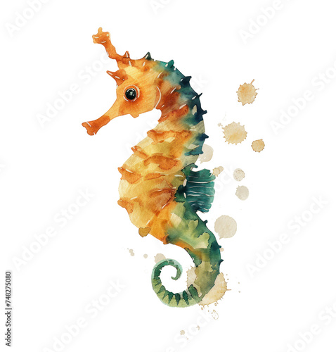 a cute seahorse in watercolor on a flat color background