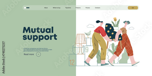 Mutual Support: Assistance with Moving -modern flat vector concept illustration of women collaboratively moving household items A metaphor of voluntary, collaborative exchanges of resource, services