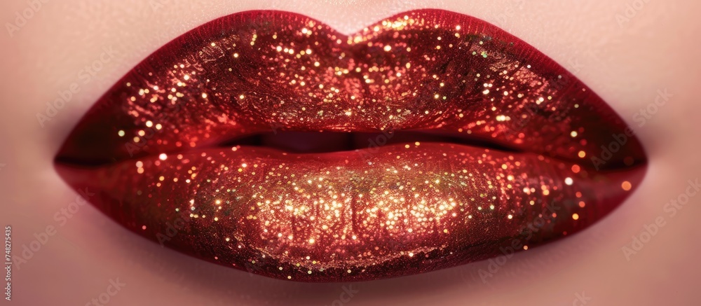 A close-up view of a womans lips featuring a shimmering layer of gold glitter. The lips are styled with a glamorous touch, enhancing their appearance and adding a touch of luxury. A close-up view of a womans lips featuring a shimmering layer of gold glitter. The lips are styled with a glamorous touch, enhancing their appearance and adding a touch of luxury.