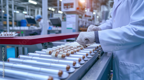 conveyor belt at a drug manufacturing plant  the hands of a worker in a large smooth