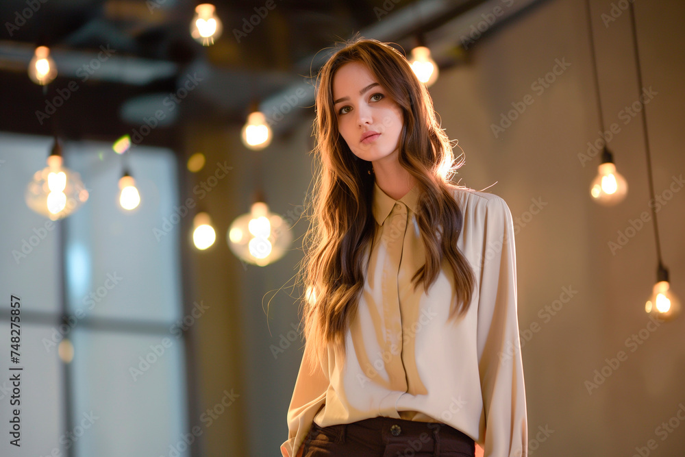 Fototapeta premium beautiful slim young woman, brown long hair, walks down the catwalk, buisness woman, marketer