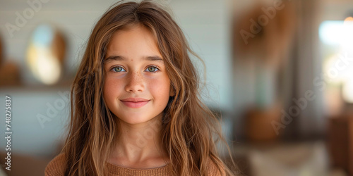 A smiling 12 year old girl with long natural hair poses photo