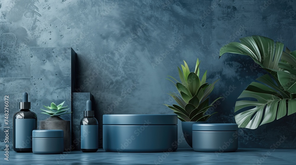 Artistic, frosted glass skincare bottles with blank labels, arranged neatly on a deep, sapphire blue canvas, exuding luxury. Artistic, frosted glass skincare bottles with blank labels, arranged neatly on a deep, sapphire blue canvas, exuding luxury.