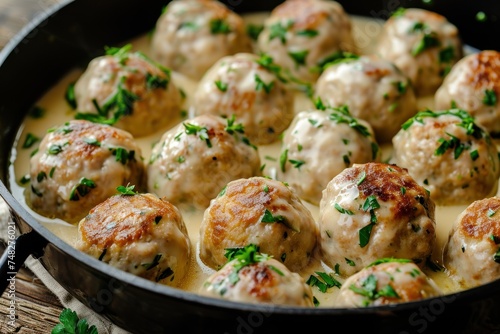 a pan of meatballs with sauce