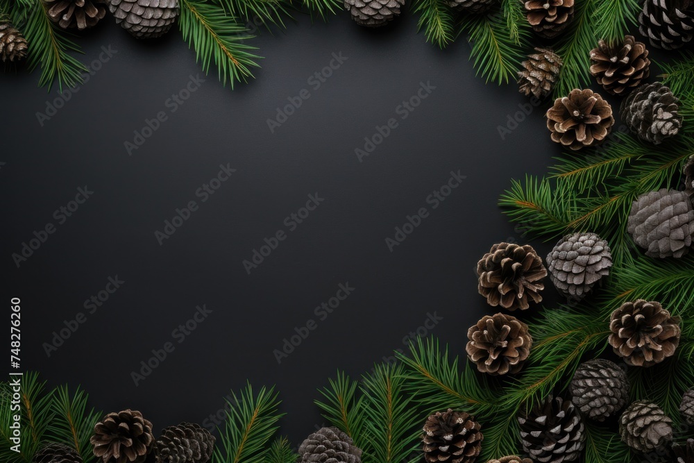 pine cones and branches on a black background pine cones and branches on a black background