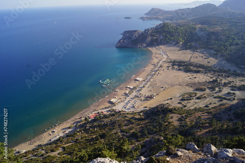 Scenic view of Tsambika Beach from the top of the Holy Monastery of the Virgin Mary  Rhodes