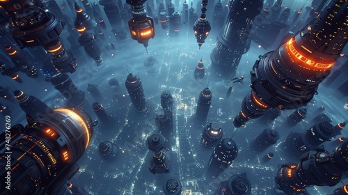Giant spaceships flying over the blue city, at night, top shot, drone point of view photo