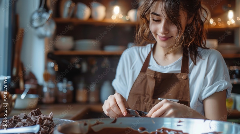 Fototapeta premium Young woman making artisan chocolate in kitchen filled with natural light. Baker or chocolatier preparing chocolate bonbons. World chocolate day concept. Generative ai