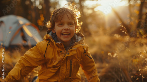 Young boy laughing and running while camping at sunny autumn day. Vacation with children, nature adventure, trip with kids, Family travel and vacation concept. Generative ai