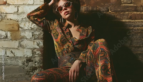 woman wearing vintage retro 60's 70's fashion leaning on brick wall 