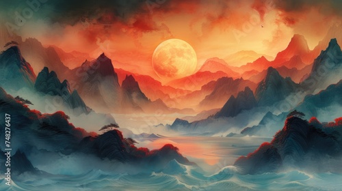 A stunning painting of a mountainous landscape, with billowing clouds and a glowing sun setting behind the peaks, captured in breathtaking detail by the skilled hand of an artist