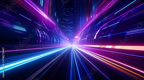 Speed light trails path through smart modern mega city and skyscrapers town with neon futuristic technology background, future virtual reality, motion effect, high speed light.